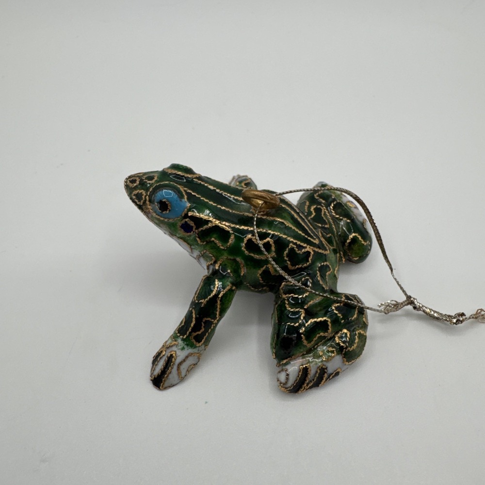 Vintage Cloisonné Enamel Frog Ornament Figurine Green & Gold Decorative Frog